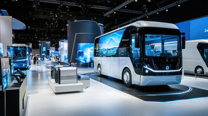 Modern electric buses showcased in indoor exhibition hall under bright lights