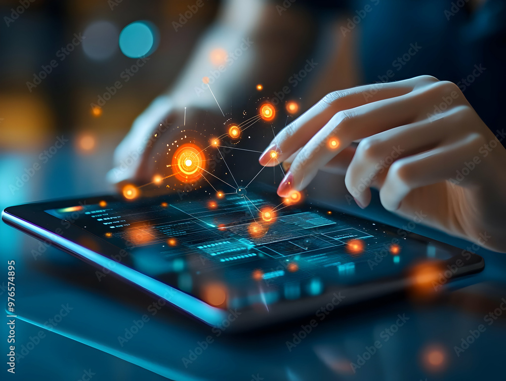 Poster illustration of digital technology network data connection with woman using tablet