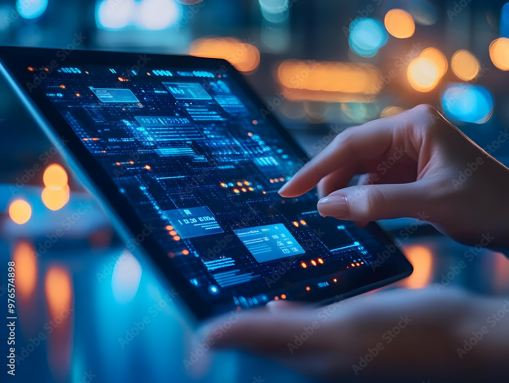 Aufkleber digital data analysis illustration: hand using tablet with futuristic interface