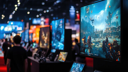 Crowded gaming convention showcasing latest video games on large screens with vibrant graphics