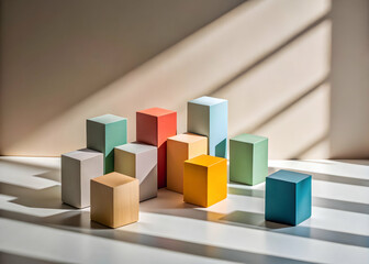 Obraz premium Colorful Cubes in Sunlight: A minimalist composition featuring an array of colorful cubes arranged on a white table with a soft, sunlit background. The cubes cast shadows on the table, creating a sen