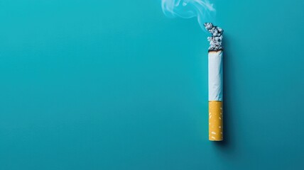 Lit cigarette with ash against blue background