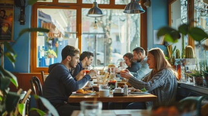 A group of friends sharing a meal at a cozy cafÃ©.