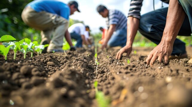 A group of farm workers planting seeds in neat rows.