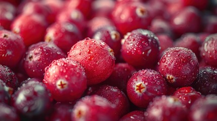 Close-up of fresh, red cranberries with water droplets.