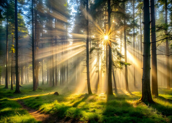 Golden Hour Majesty: Sunbeams Pierce the Forest's Soul 