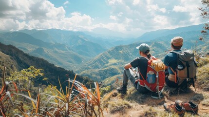 A group of hikers taking a break on a mountain trail with panoramic views