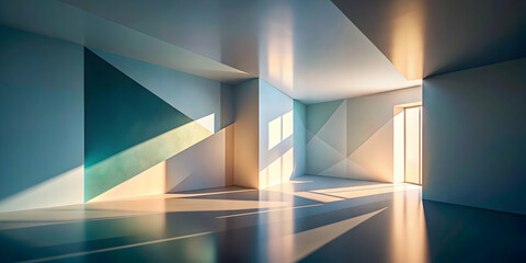 Modern Minimalist Interior Design: A sun-drenched room with geometric shapes and a bright, airy atmosphere. The interplay of light and shadow creates a sense of depth and tranquility, perfect for show