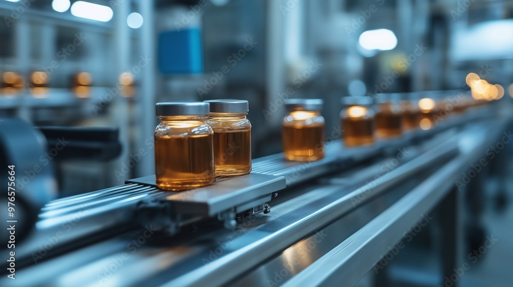 Poster a clean and efficient factory conveyor system producing jars of rich