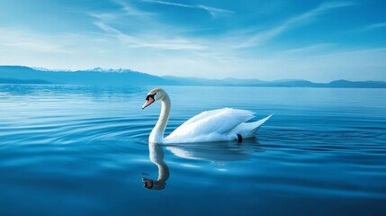 Majestic Swan in Calm Lake with Mountain Background