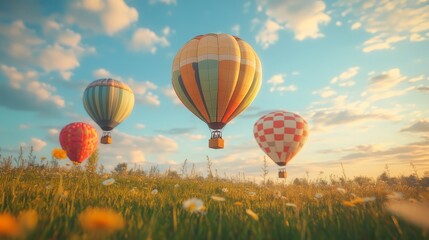Obraz premium Colorful Hot Air Balloons Flying Over Flower Field at Sunset