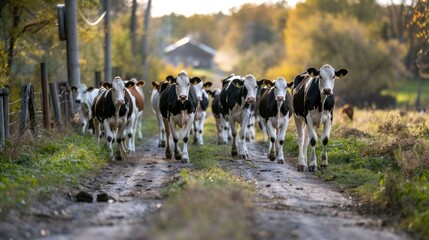 A herd of cows walking to a feeding area on a cow farm.