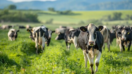 Fototapeta premium A herd of cows walking to a feeding area on a cow farm.
