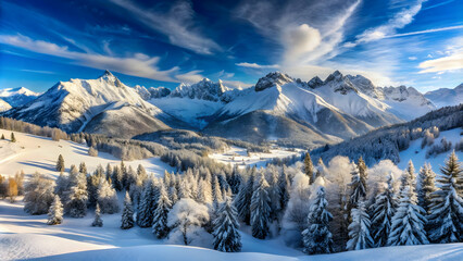 Winter Wonderland: A breathtaking panorama of snow-capped mountains, adorned with a blanket of pristine white, stretching towards a cerulean sky, punctuated by majestic peaks and a serene forest, show