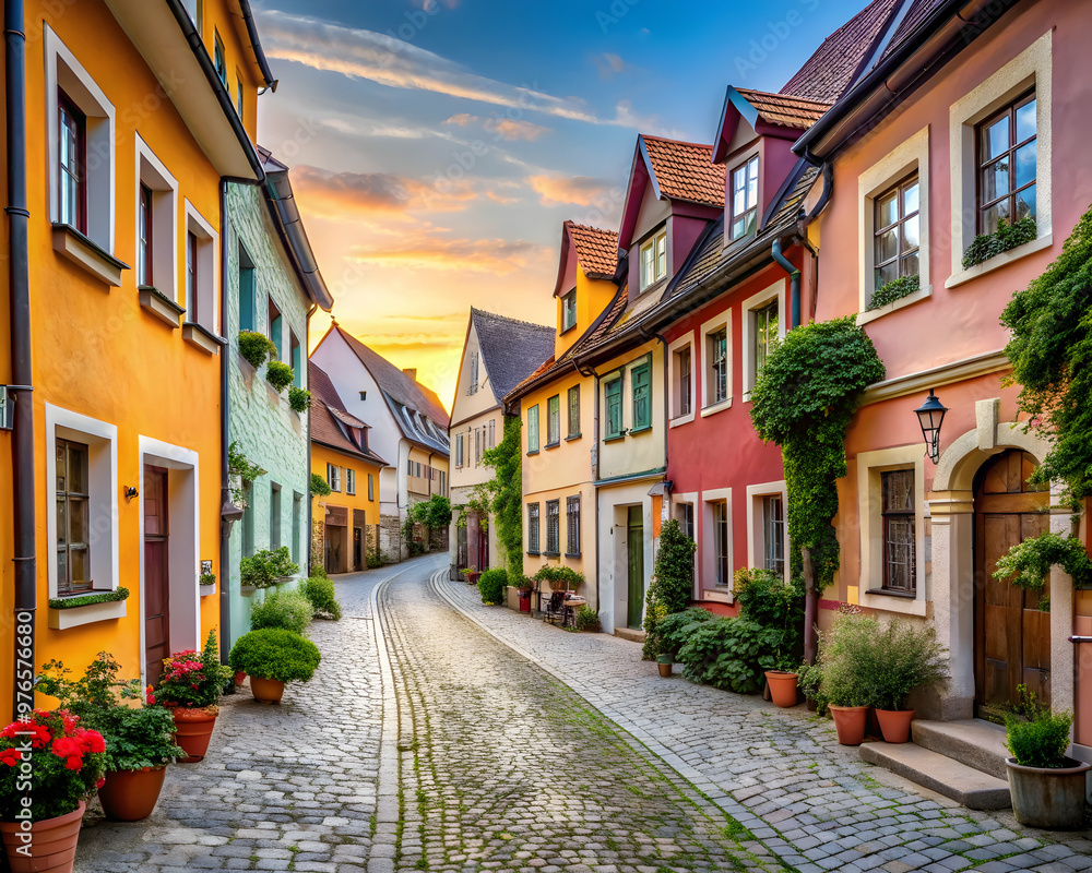 Wall mural cobblestone street at sunset: a picturesque european town, bathed in the warm glow of a setting sun.