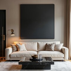 Living room interior with a white sofa, black coffee table and a framed black poster. 3d rendering mock up