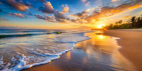 Golden Hour Serenity: Tranquil ocean waves gently caress the shore as the sun dips below the horizon, casting a warm, golden glow on the idyllic beach paradise. 
