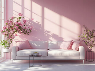 Illustration of Pink Living Room with Flowers and Sunlight