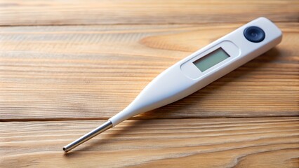 Close-up of a digital thermometer on a wooden surface, ideal for healthcare and medical-related themes.