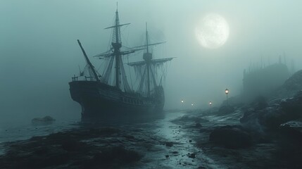 Haunting Spectacle of a Ghostly Pirate Ship on Foggy Beach at Moonlight - Photorealistic Blender Rendering