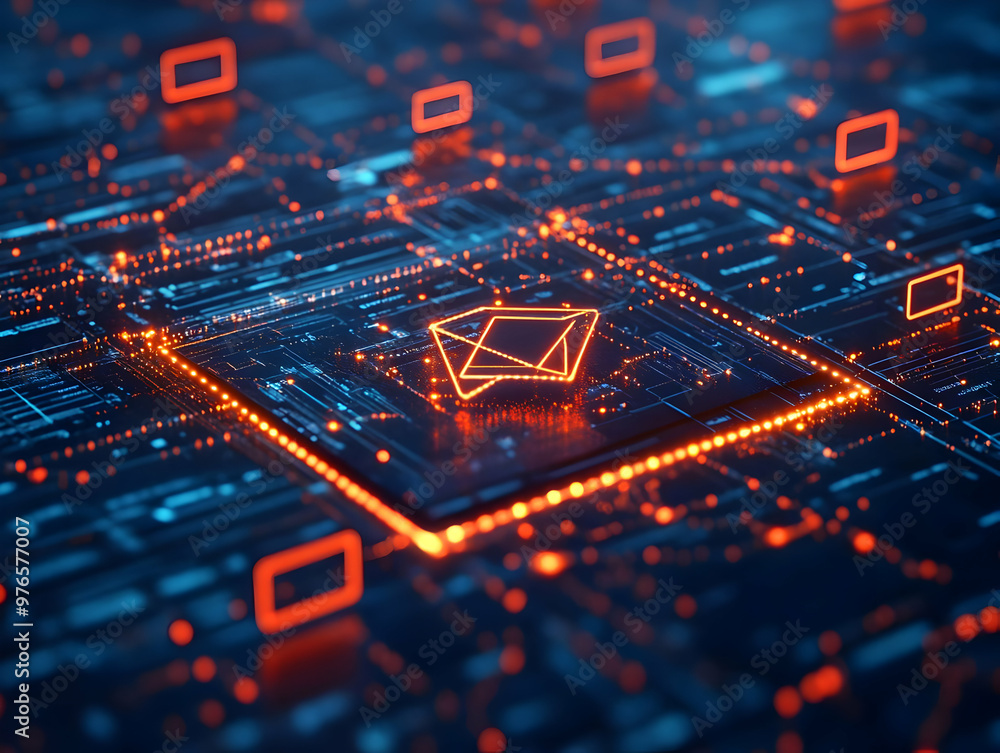 Poster ethereum network - abstract illustration of ethereum cryptocurrency on circuit board with glowing li