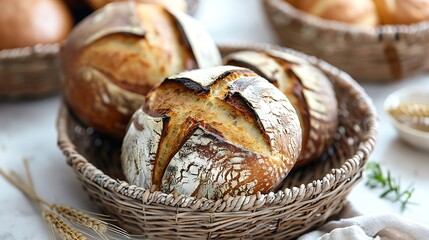 Freshly Baked Crusty Bread Rolls in Wicker Basket