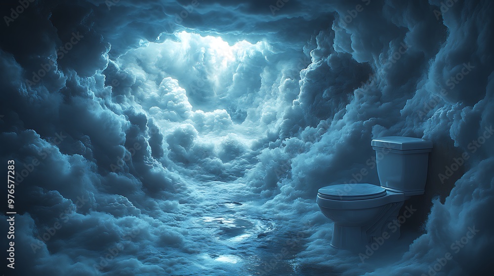 Poster a surreal image of a toilet in a cloud-filled room with a glowing light at the end of the path.