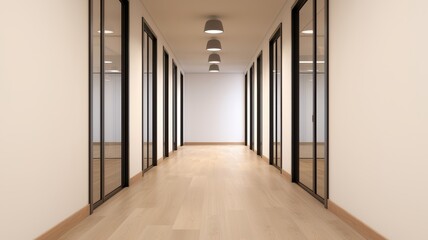 Modern office corridor with glass walls and wooden floor, illuminated by stylish pendant lights, creating a spacious atmosphere.