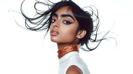 Windswept Beauty: A captivating South Asian model with flowing hair and a piercing gaze embodies confidence and allure.