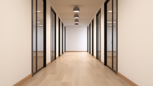 Modern office corridor with glass walls and wooden floor, illuminated by stylish pendant lights, creating a spacious atmosphere.
