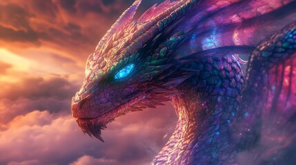 Rainbow-scaled dragon with glossy, glassy features, large blue eyes reflecting the sky, in a fantasy dream world