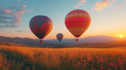 Fototapeta premium Hot Air Balloons Soaring Over Sunset Landscape