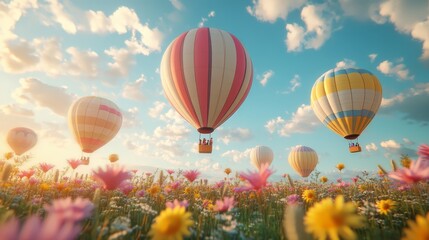Fototapeta premium Hot Air Balloons Flying Over a Field of Flowers at Sunset