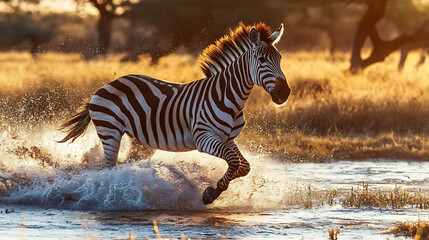 Fototapeta premium Zebra's Golden Sprint: A majestic zebra gallops through shallow water, bathed in the warm glow of the setting sun. 