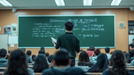 A boy stands in a classroom filled with students and reads a note.