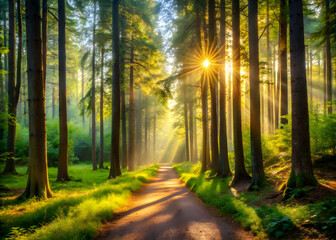 Obraz premium Sunlit Forest Path: A sunbeam pierces through the dense canopy of a verdant forest, illuminating a winding dirt path that invites exploration. The morning mist adds an ethereal touch, promising a jour