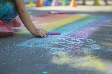 Obraz premium A child drawing a rainbow on the sidewalk with chalk