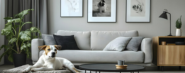 Relaxed Dog in a Modern Living Room Illustration - Gray Sofa, Black and White Decor, Houseplant, Coffee Table