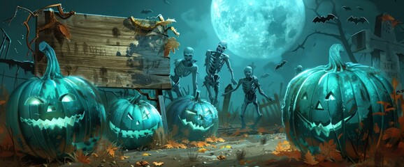 Turquoise pumpkins illuminated by eerie light, zombies in the shadows, and a weathered wooden board for text in a moonlit graveyard.