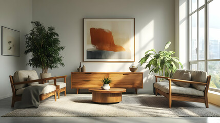 Illustration of a Modern Living Room Design with Minimalist Decor, Sunlight, and Wooden Furniture