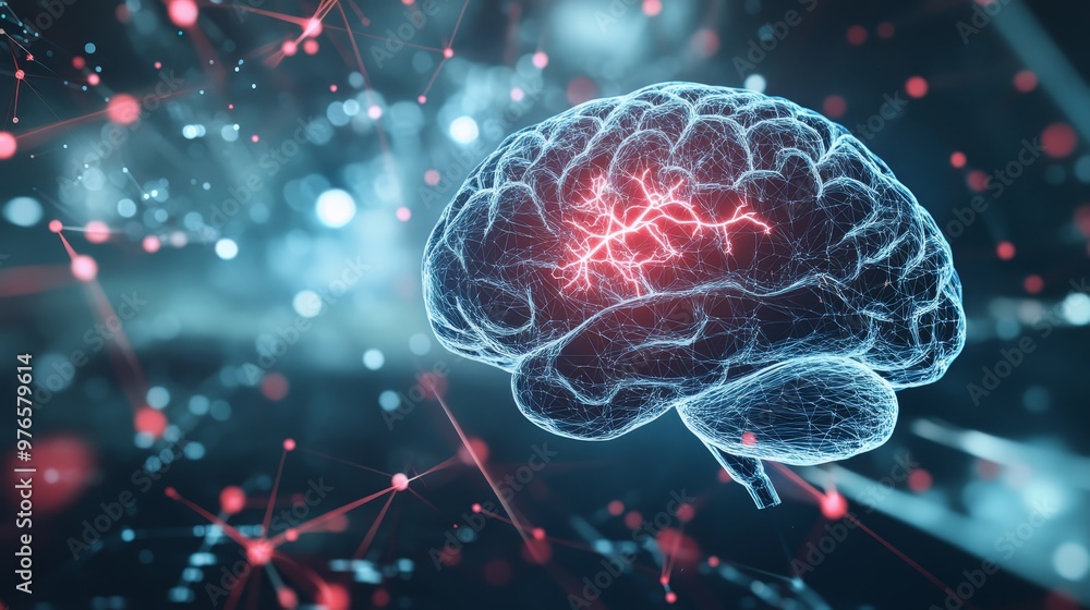Poster abstract brain network with red lines and blue glow