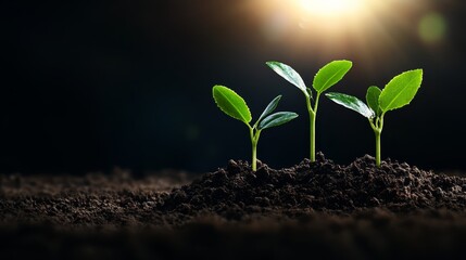 Three Green Seedlings Growing in Soil with Sunbeam
