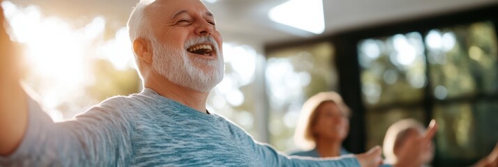 A group of individuals stretching during a yoga session in a sunlit room with green surroundings. The focus is on the movement and tranquility of the exercise in a peaceful setting.