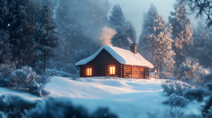 cozy cabin in the woods, surrounded by deep snow, with smoke rising