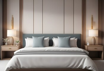 Perspective of modern bedroom with white bed and blank picture frames on wall, Interior design with minimal style. 3D rendering.
