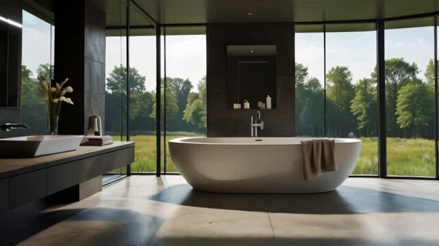 Modern bathroom featuring a bathtub and a large window