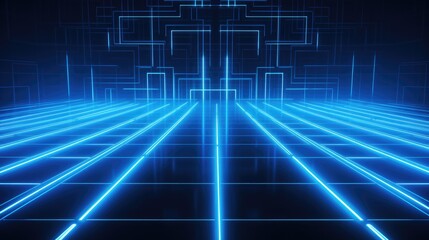 Abstract futuristic background with blue neon lights creating a grid pattern.