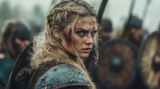Fierce Viking shieldmaiden with braided hair. Dirt, blood, and scratch marks on her face, holding a wooden shield, standing on a battlefield.