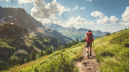 A hiker enjoying a sunny summer day in the mountains with expansive views