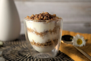 Close up of a cup of yogurt and granola.  
